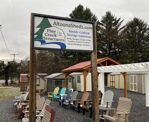 At Pine Creek Structures Altoona, we sell storage sheds, children's play sets, outdoor patio furniture, lighthouses, bird feeders, pavilions, pergolas, gazebos, 1-car garages, and 2 and 3 car garages (modular garages with wood floors up to 24x40 or pole buildings in all sizes).