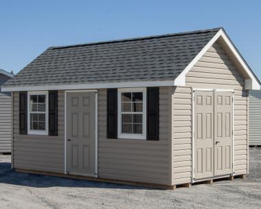 10x16 Cape Cod Style Storage Shed with Vinyl Siding and Two Doorways